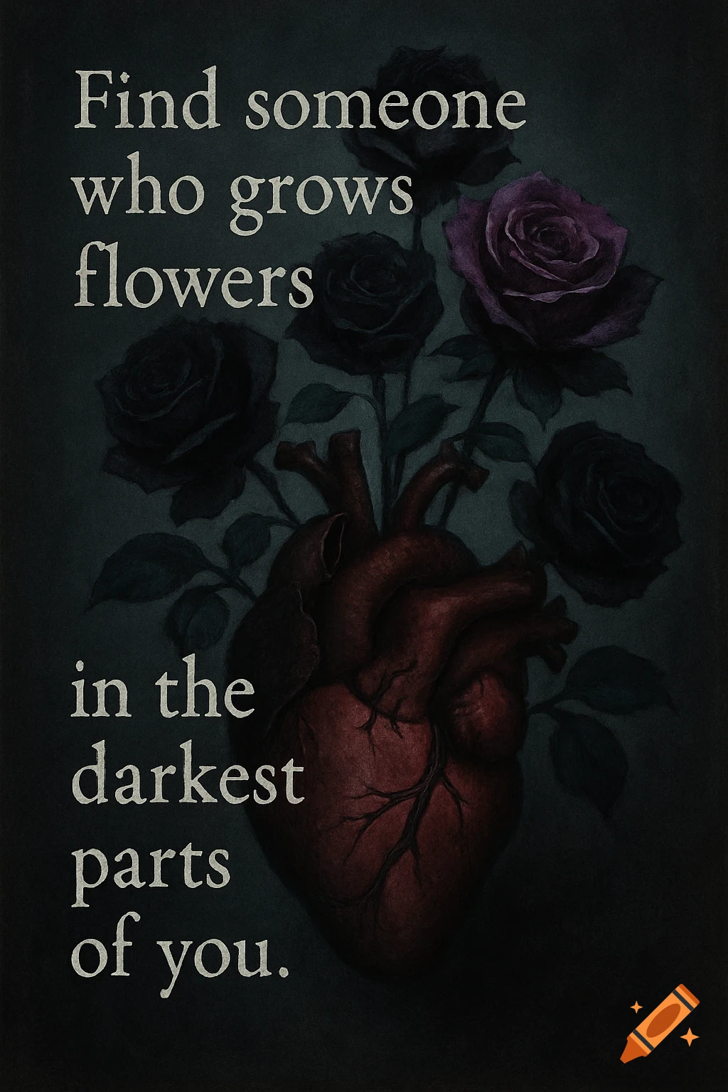 Stylized anatomical heart with black and purple roses, set against a dark background, with the quote 'Find someone who grows flowers in the darkest parts of you'.