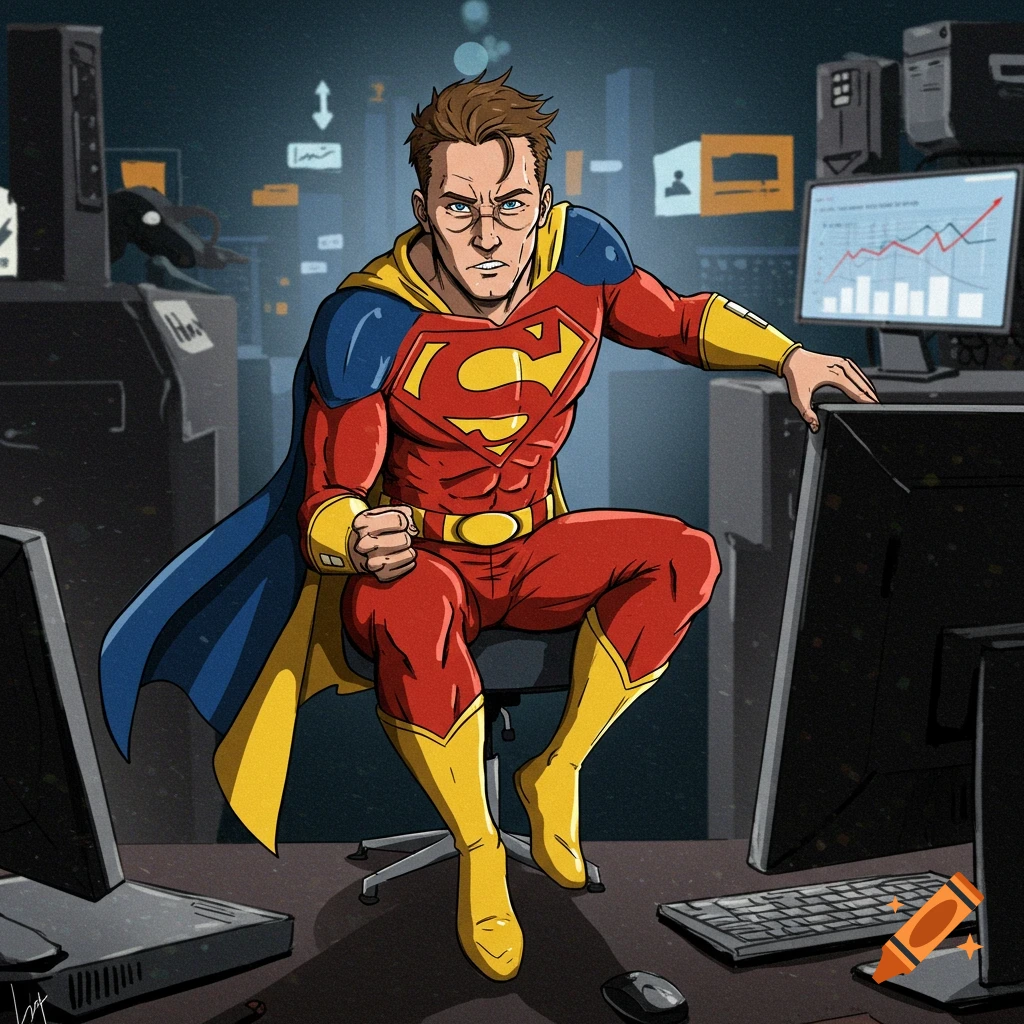 A man in a red and blue superhero costume with a yellow 'S' shield, wearing glasses, sits among computers in a comic book art style.