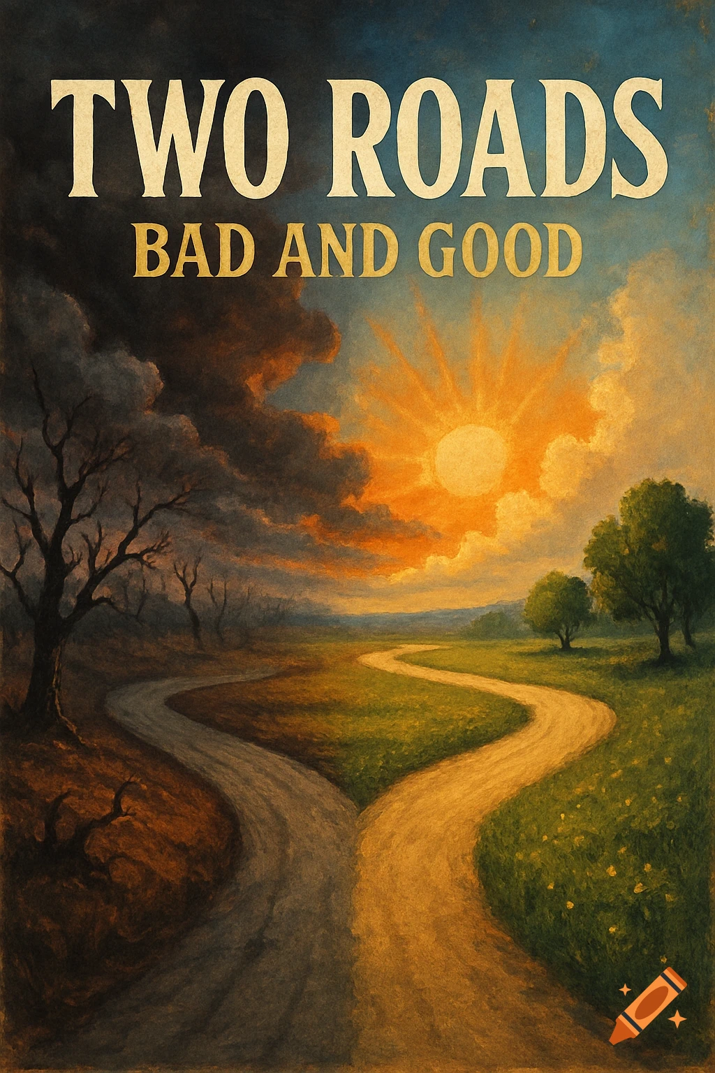 Painting: two roads diverge. One leads to dark, barren land; the other to a sunny, green landscape. Text: "TWO ROADS BAD AND GOOD".