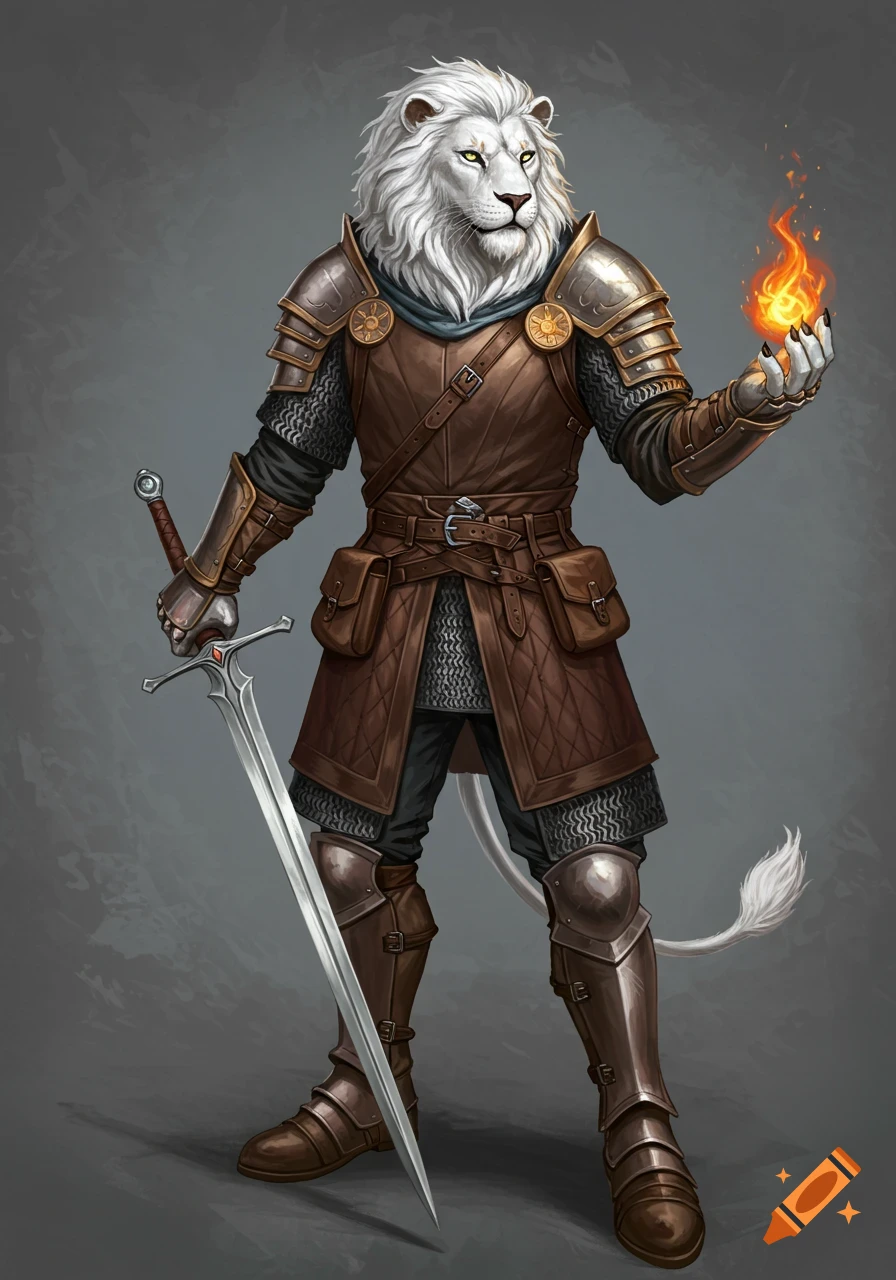 A full-body illustration of a white-furred lion-human hybrid (leonin) in fantasy armor holding a longsword and a small fireball.