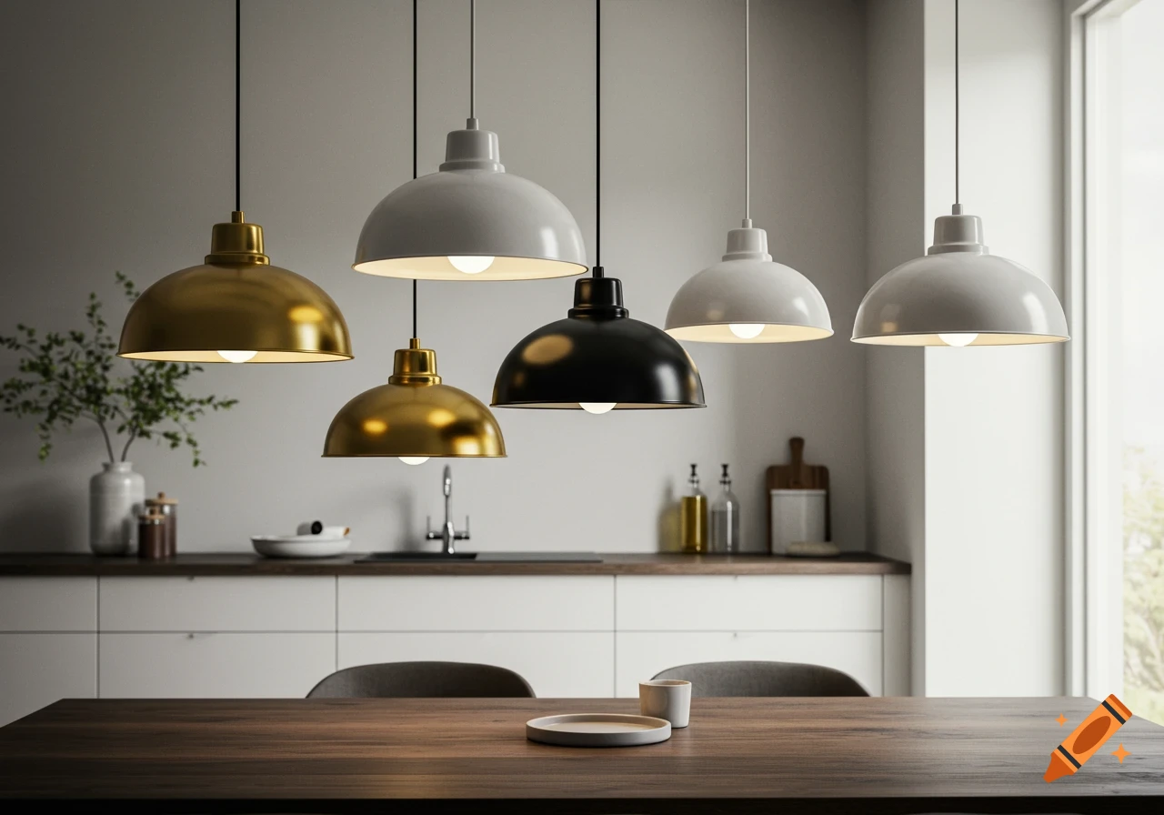 Photorealistic image of multiple gold, black, and white pendant lamps hanging above a wooden kitchen table and counter.
