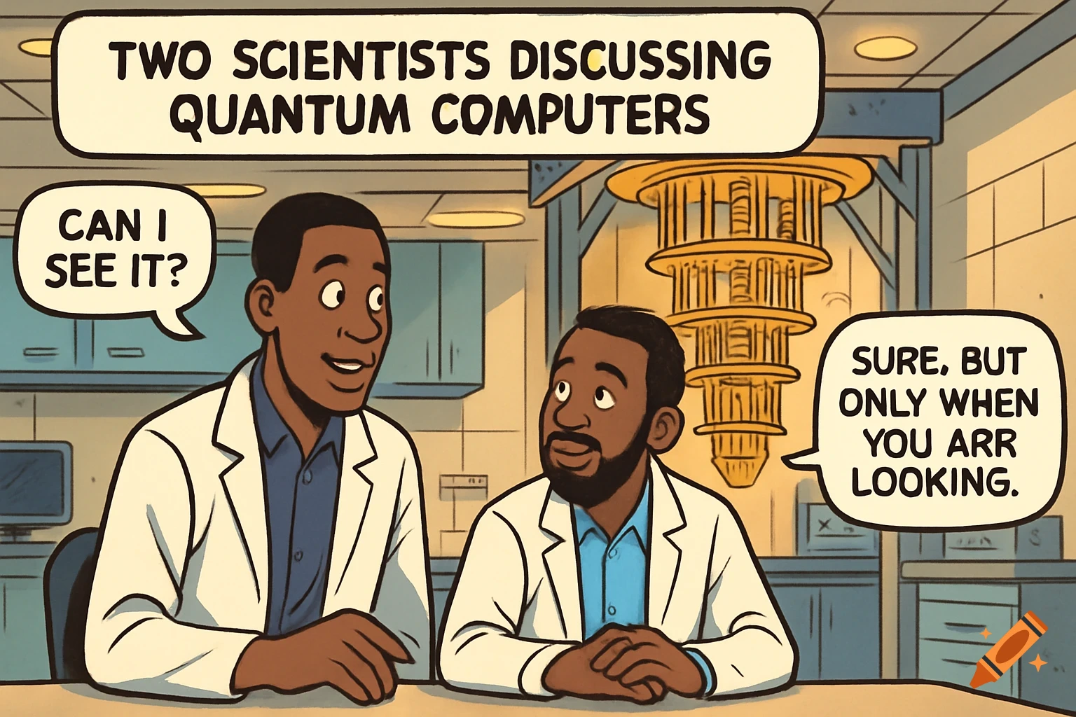 Two Black male scientists in lab coats discussing quantum computers in a comic cartoon style. One asks "Can I see it?" the other replies "Sure, but only when you arr looking."