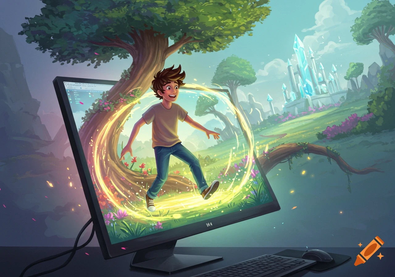 A cartoon illustration of a young boy stepping out of a computer ...