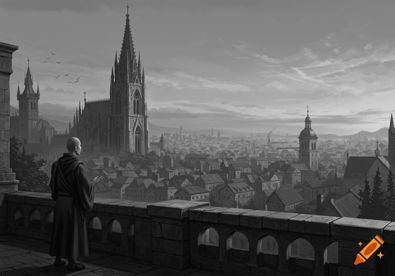 A monk stands on a stone balcony, overlooking a sprawling medieval city dominated by a grand, spired church, in black and white.