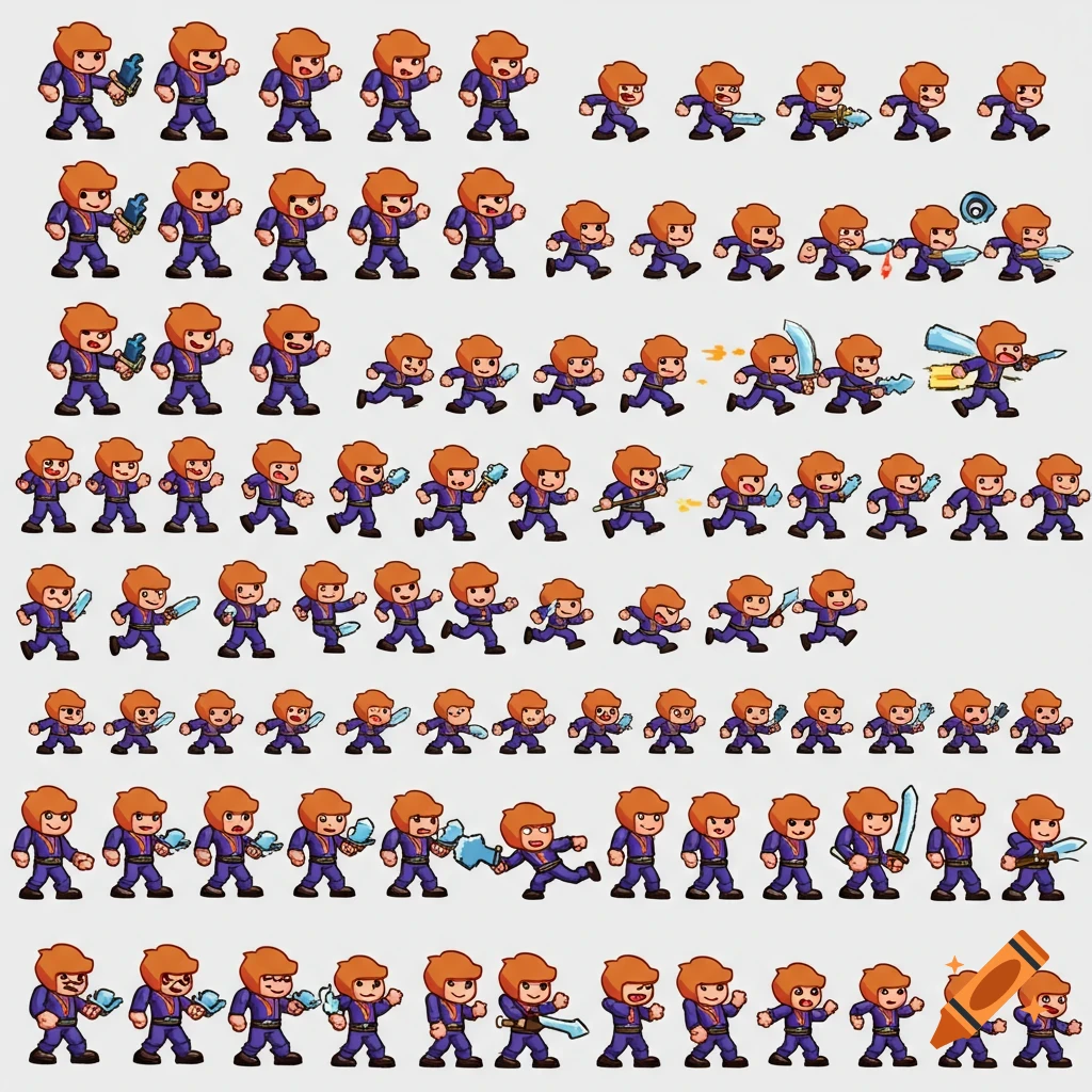 A grid of pixel art sprites depicting a cartoon character with orange hair in various poses, including walking, running, and attacking with swords.