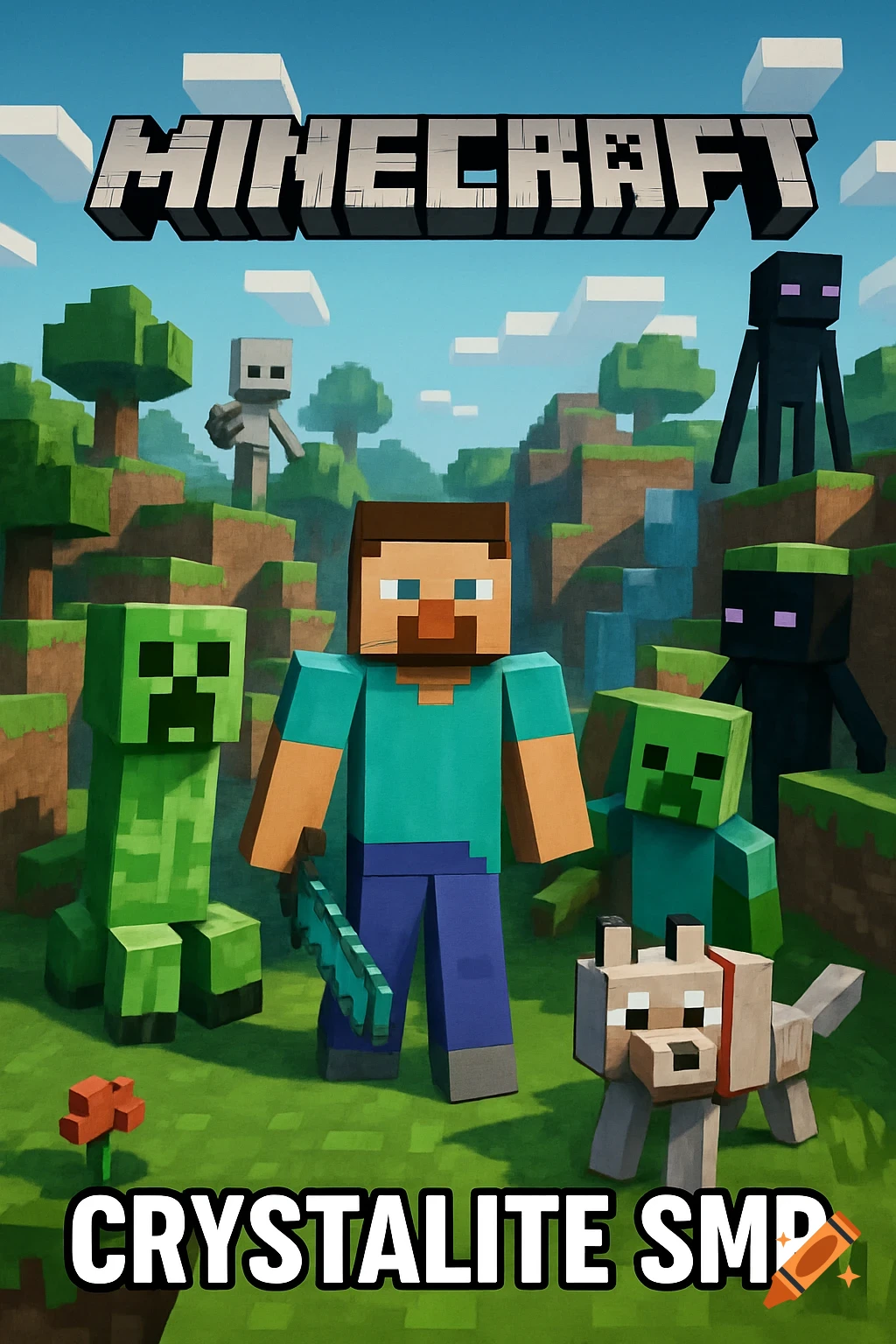 A Minecraft poster featuring Steve, a Creeper, a Zombie, an Enderman, a Skeleton, and a wolf in a blocky landscape, with 'MINECRAFT' logo and 'CRYSTALITE SMP' text.