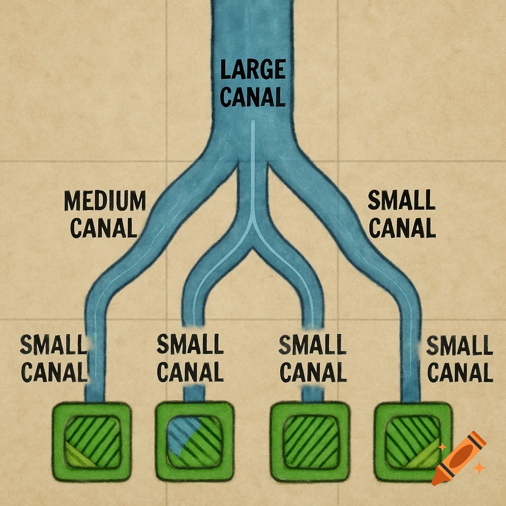 Top-down board game map diagram showing a large canal branching into medium and then small canals, each ending at a green farm field icon.