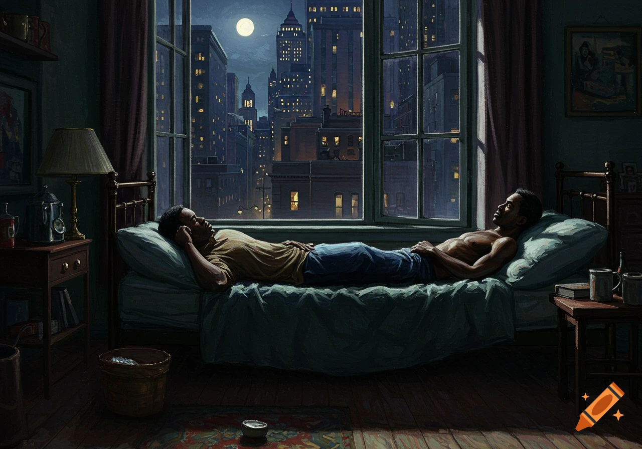 A stylized painting of a man lying on a bed in a dimly lit room, gazing out a large window at a moonlit city skyline at night.