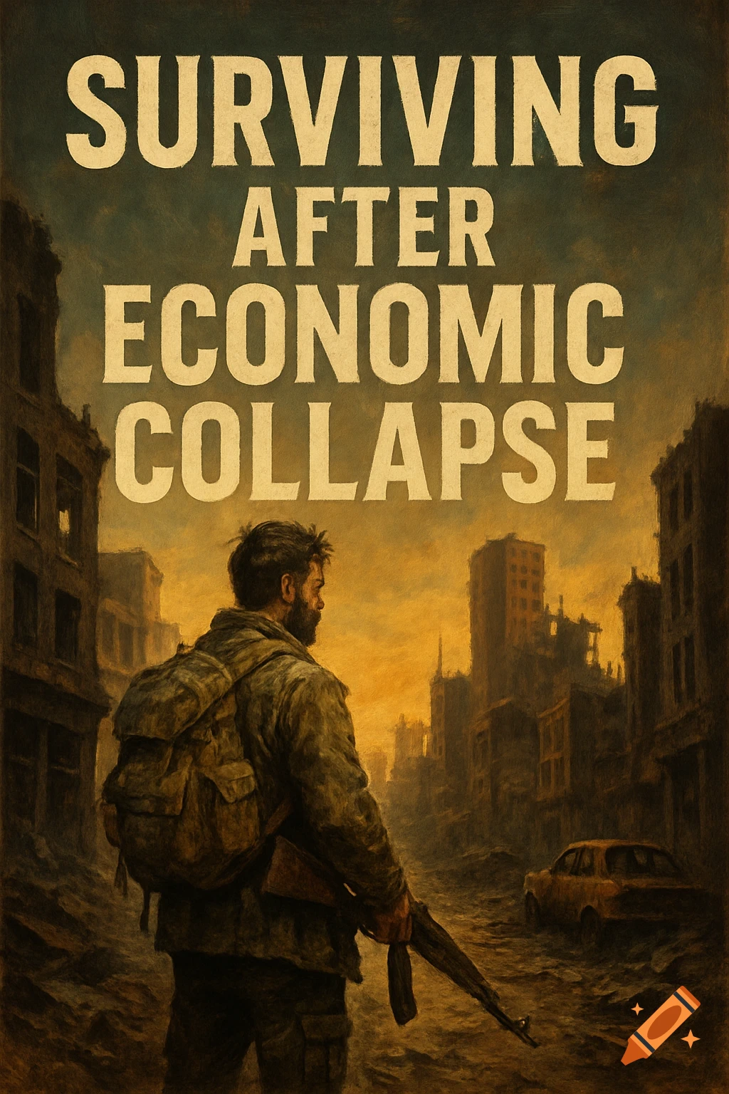 A man with a rifle and backpack stands in a ruined, sunset-lit city. Text: 'SURVIVING AFTER ECONOMIC COLLAPSE'. Painterly style.