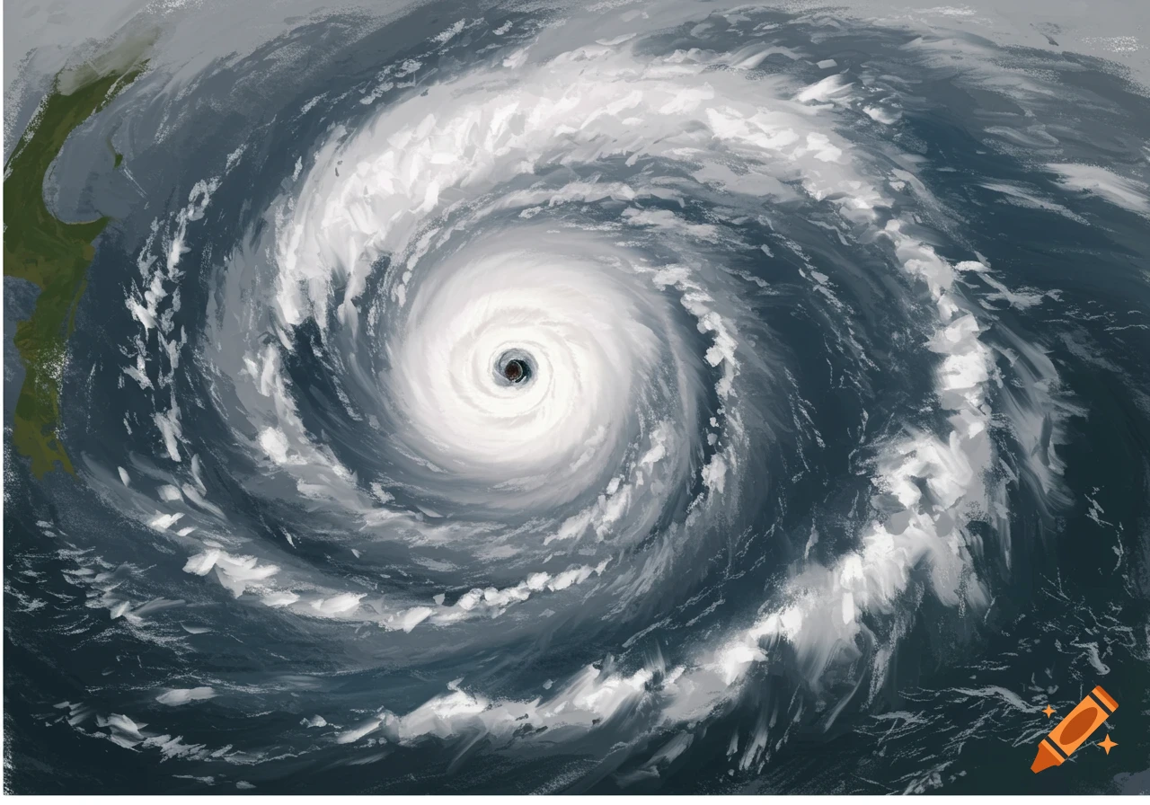 Aerial view of a powerful hurricane with a distinct eye, showing swirling white clouds over dark ocean water and a sliver of land.