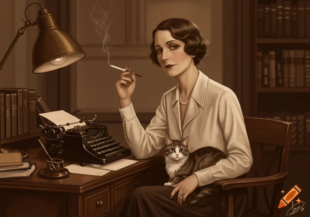 Sepia-toned portrait of a 1930s woman at a desk with a typewriter, smoking, with a cat on her lap.
