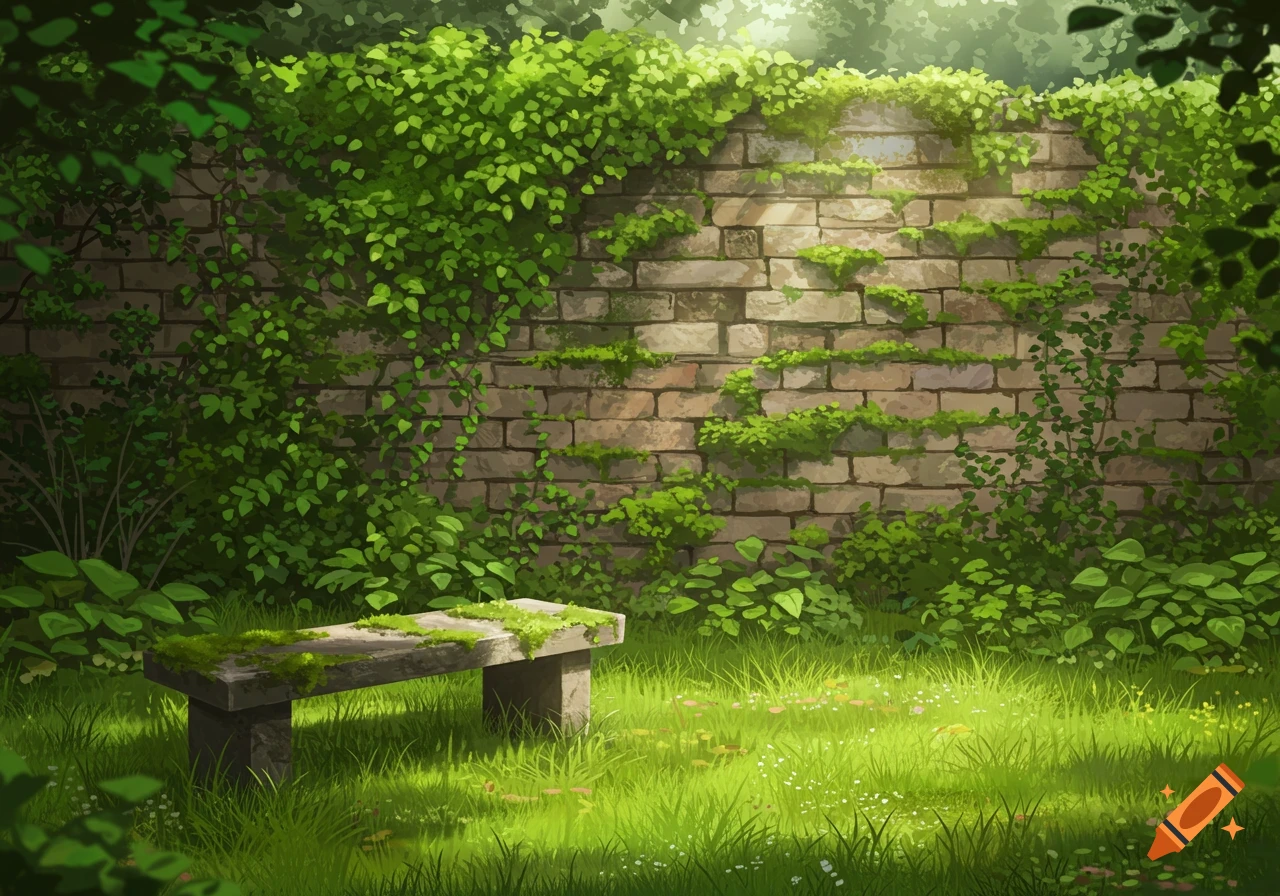 A lush garden with a moss-covered stone wall, a grassy floor, and a stone bench, bathed in sunlight.