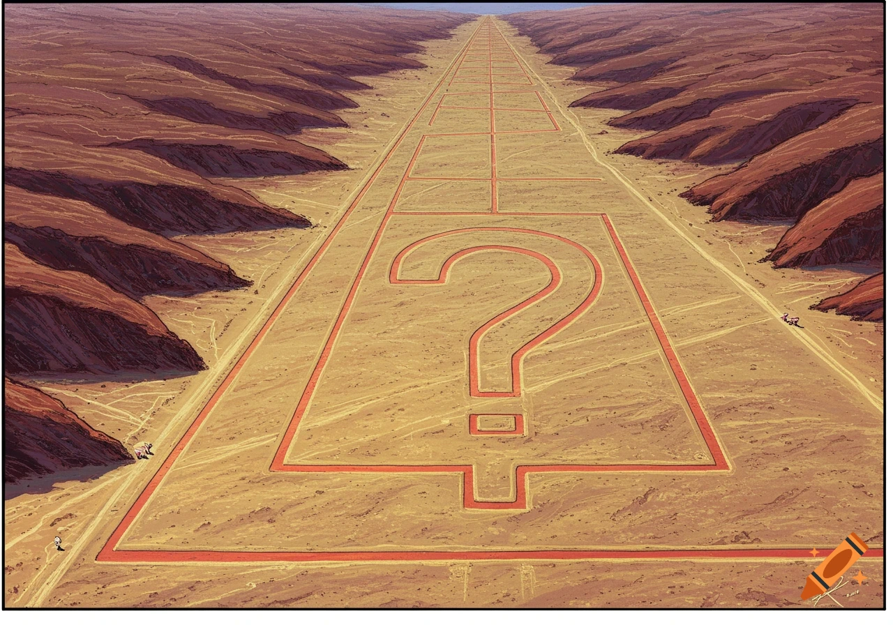 An aerial view of a vast desert landscape with a giant question mark drawn on the ground, resembling ancient geoglyphs.