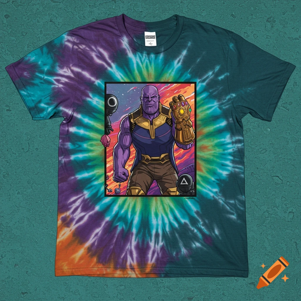 A tie-dye t-shirt featuring an illustration of Thanos from Marvel's Avengers and elements from Squid Game.