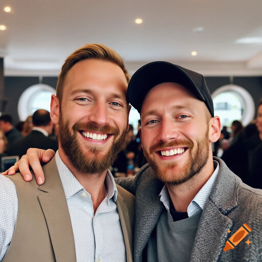 Two smiling men with beards, one in a vest and the other in a cap and coat, stand close together at a social event.