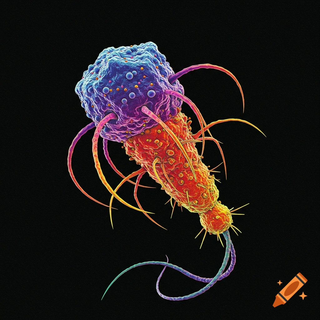A vibrant, detailed microscopic image of a multi-colored bacteriophage with a blue-purple head and red-orange body against a black background.