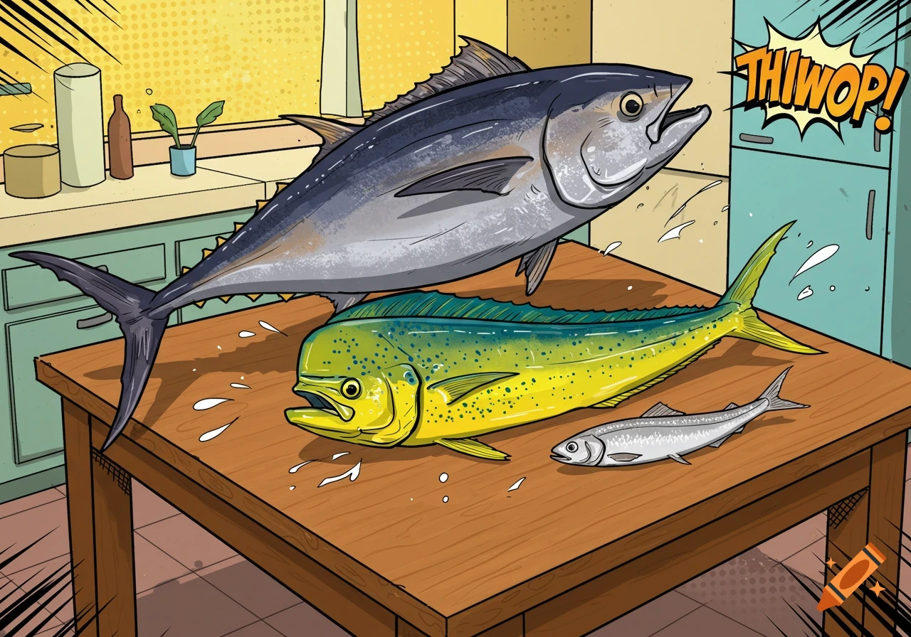 A comic book illustration of three fish, a large grey tuna, a medium yellow-green mahi-mahi, and a small silver smelt, laid out on a wooden kitchen table. A 'THIWOP!' sound effect is in the upper right.