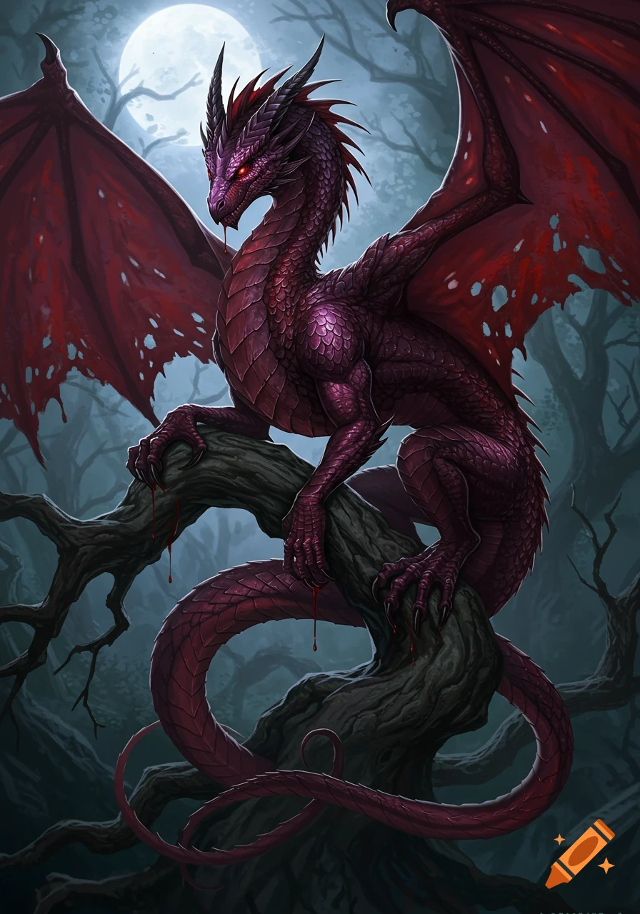 A menacing purple dragon with red wings, glowing red eyes, and blood dripping, perched on a gnarled tree under a full moon in a dark forest.