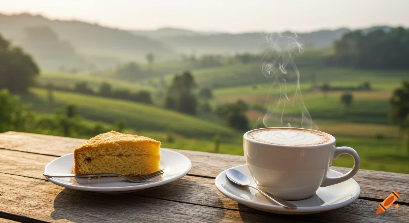 A slice of cake and a steaming cup of cappuccino on a rustic wooden table overlooking a lush green valley at sunrise.