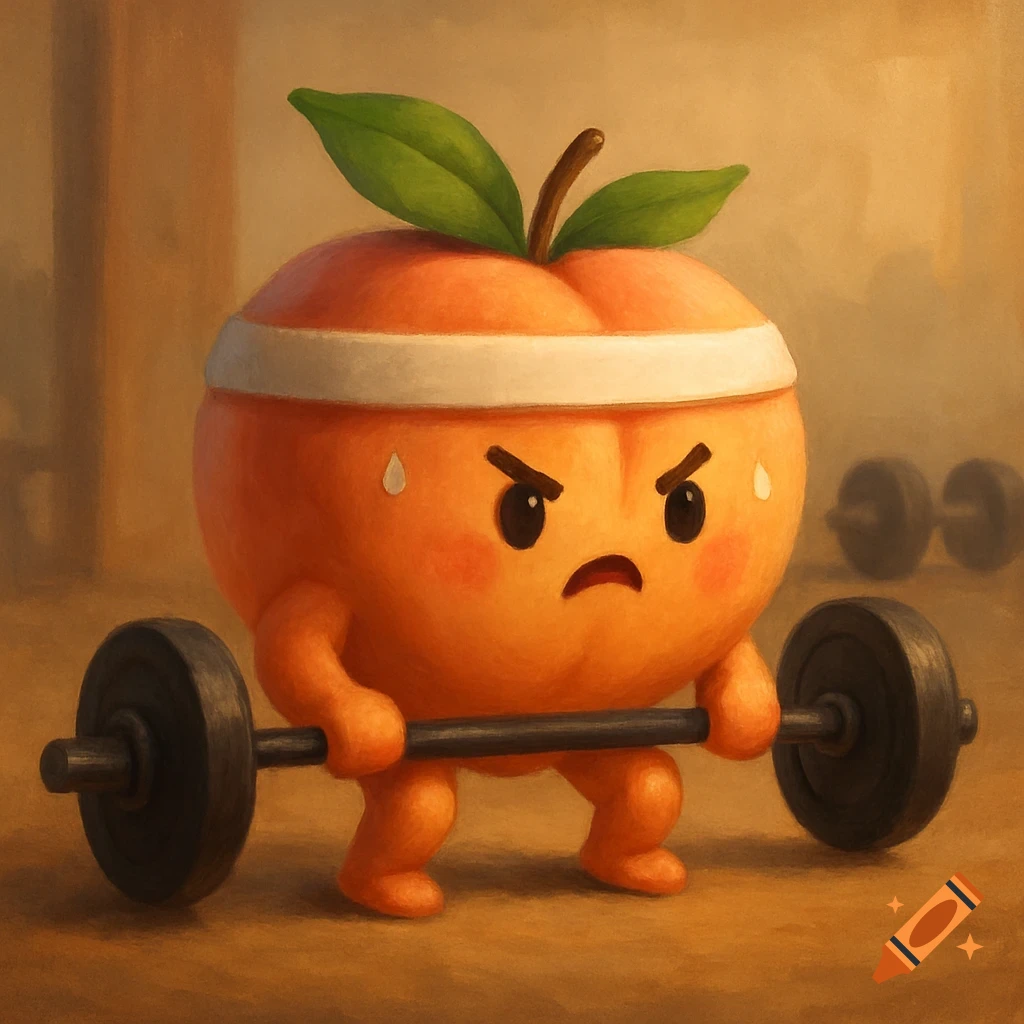 A cartoon peach wearing a white headband struggles to lift a barbell in a gym, with other weights blurred in the background.