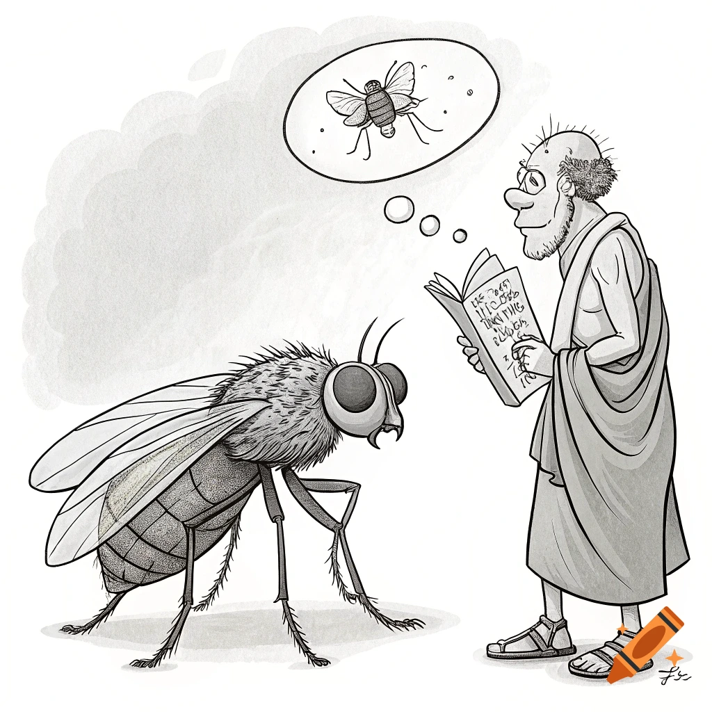 Black and white cartoon of a large housefly and an ancient Greek philosopher reading a book with a thought bubble above his head showing a smaller fly.