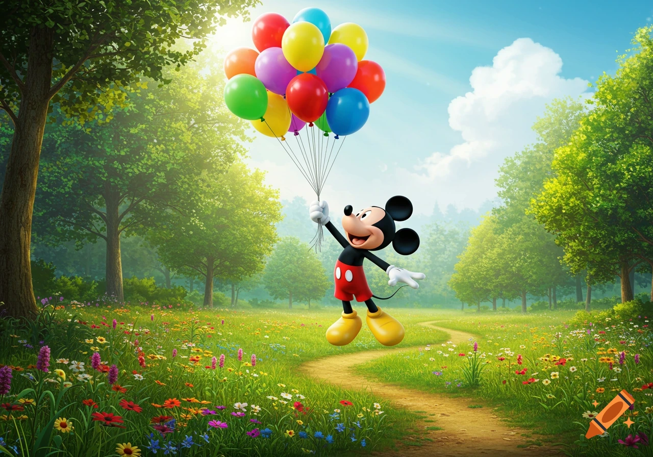 Mickey Mouse smiles and flies high, holding colorful balloons over a vibrant green meadow with trees, flowers, and a winding trail.