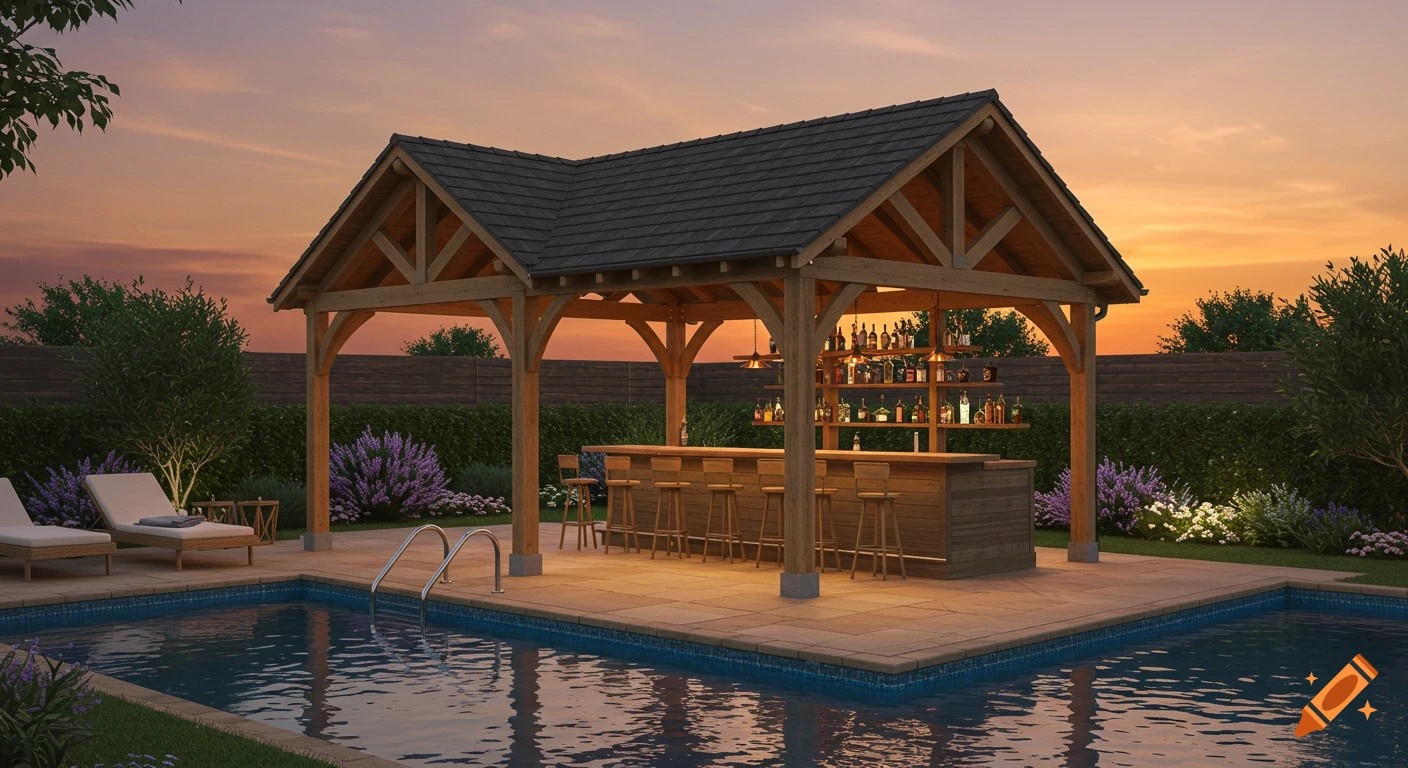Hyperrealistic backyard with a swimming pool and a timber frame pavilion bar at sunset, surrounded by plants and lounge chairs.