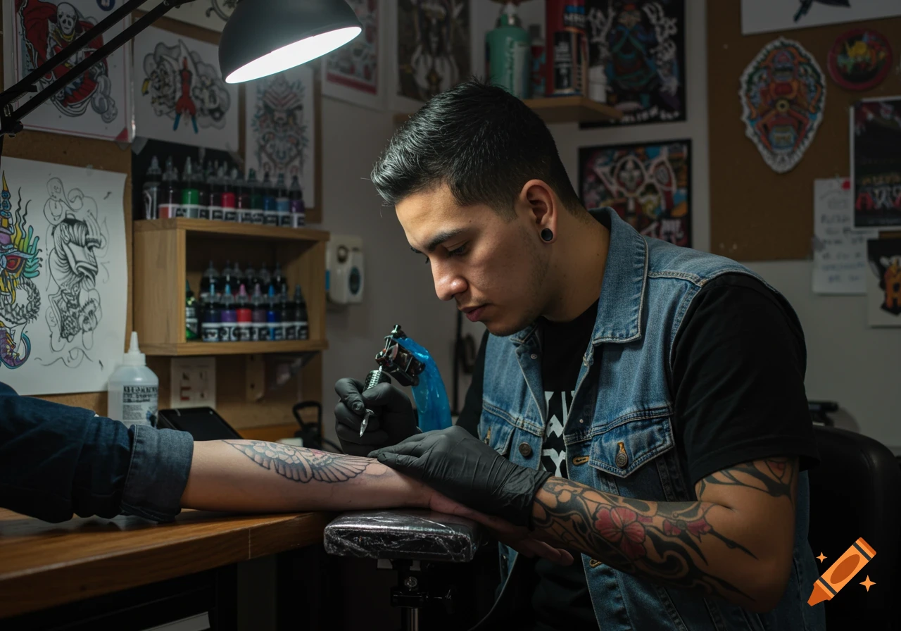 A male tattoo artist in a denim vest and black gloves meticulously inks a design on a client's forearm. The studio features colorful ink bottles and art on the walls.