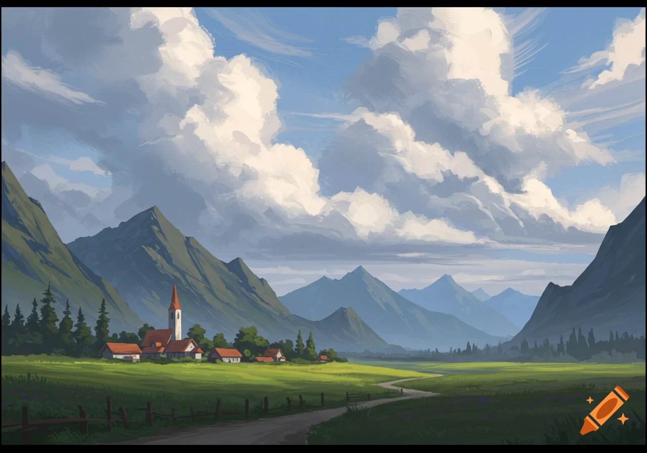 A painted landscape of a village with a church in a green valley, surrounded by mountains under a cloudy sky.