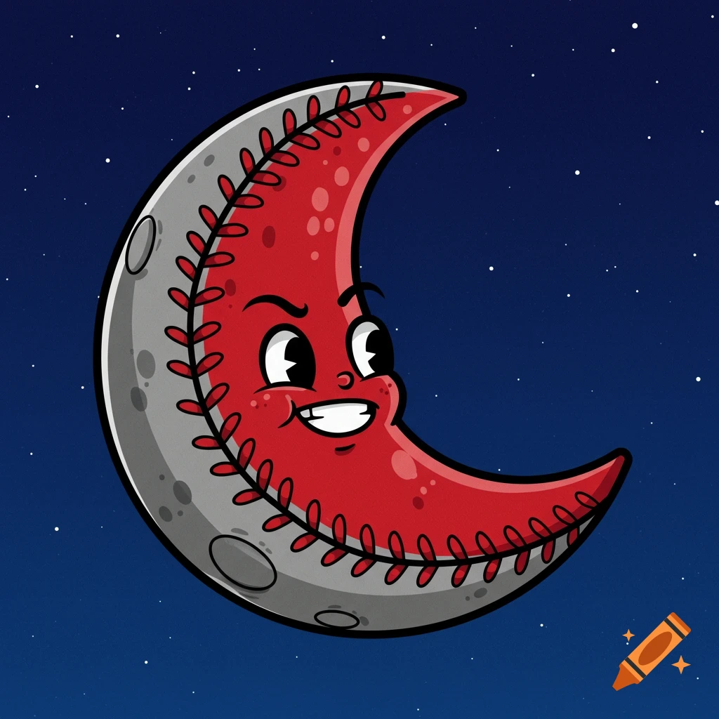 A cartoon crescent moon with a red baseball-stitched face and a gray cratered back, set against a dark blue starry night sky.