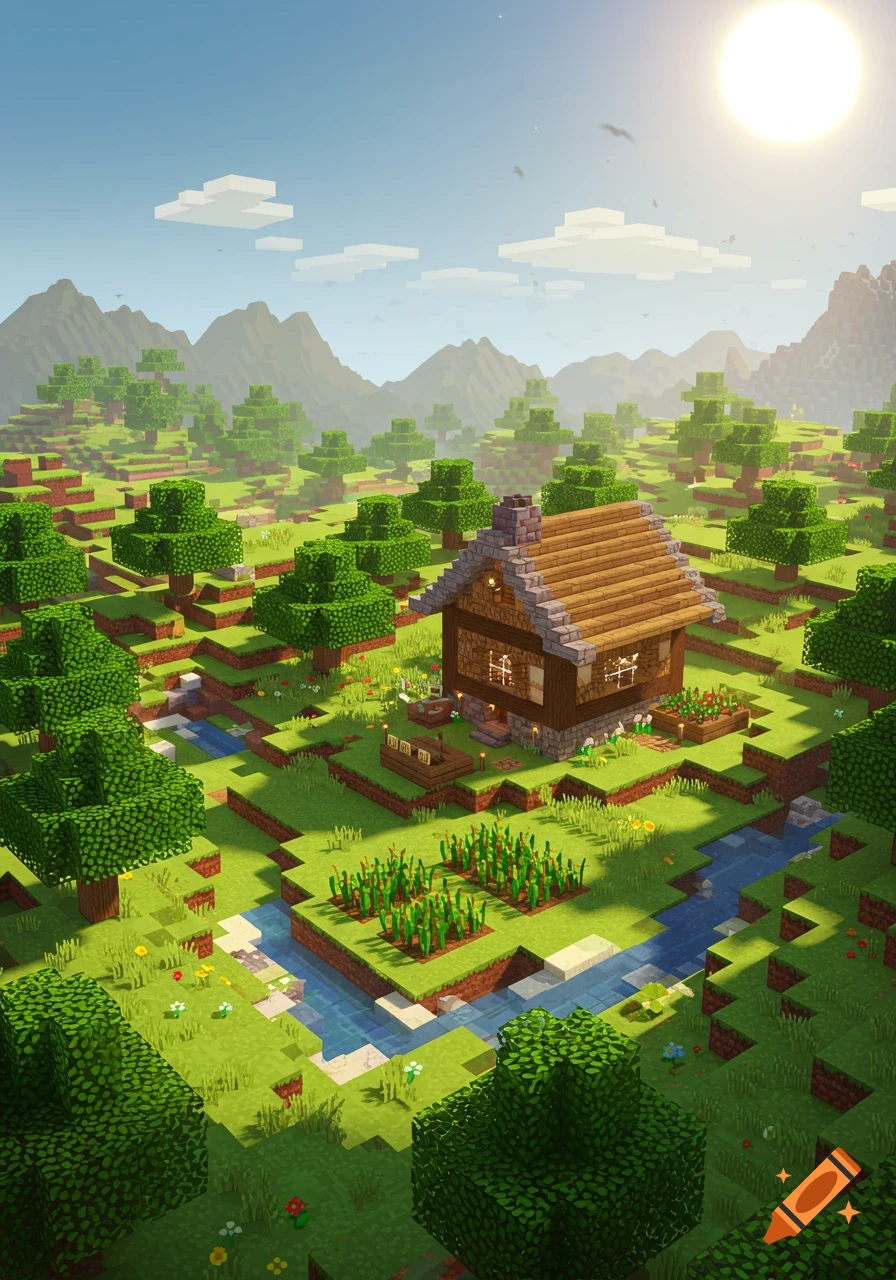 A vibrant Minecraft-style landscape with a cozy house, lush trees, a flowing river, and crops under a bright sun.