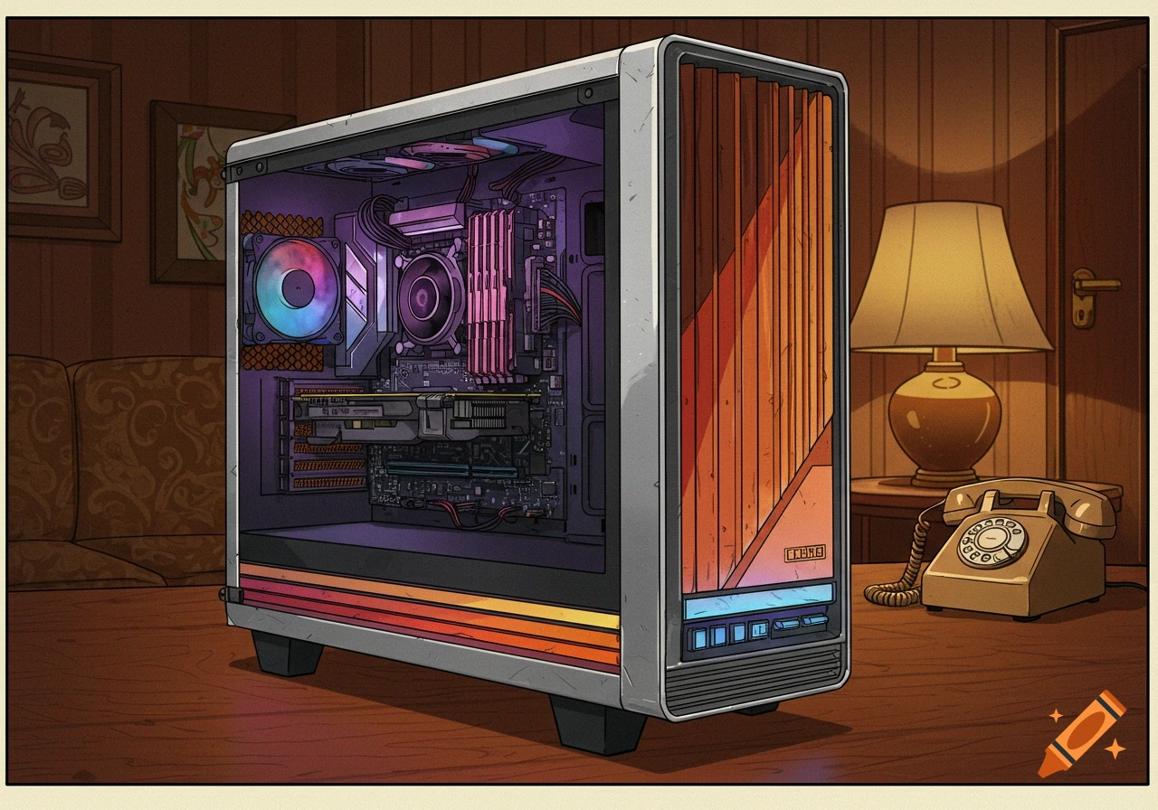 A stylized gaming PC with colorful internal lights and a retro 1970s design, on a wooden desk with a rotary phone and lamp.