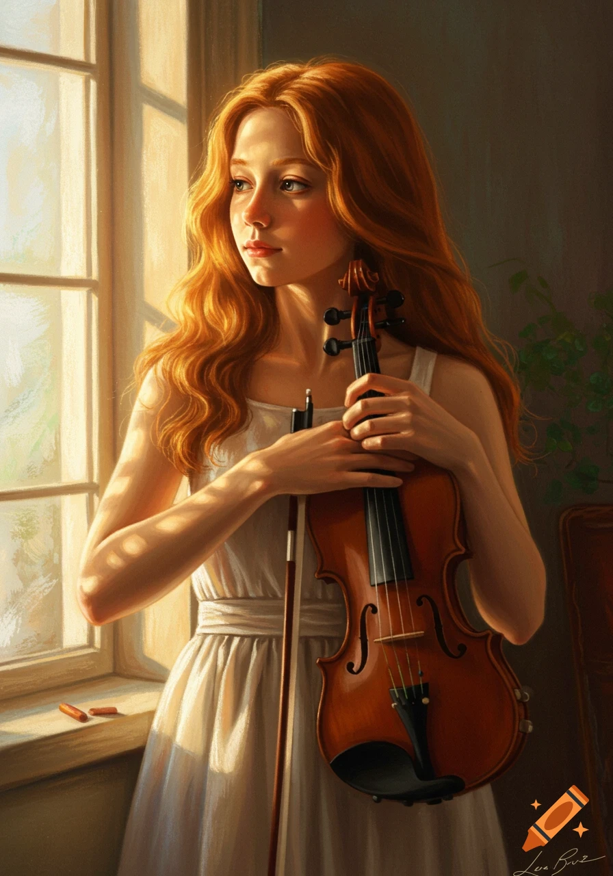 A young girl with long red hair stands by a sunlit window, holding a violin. Painted in an oil pastel style.