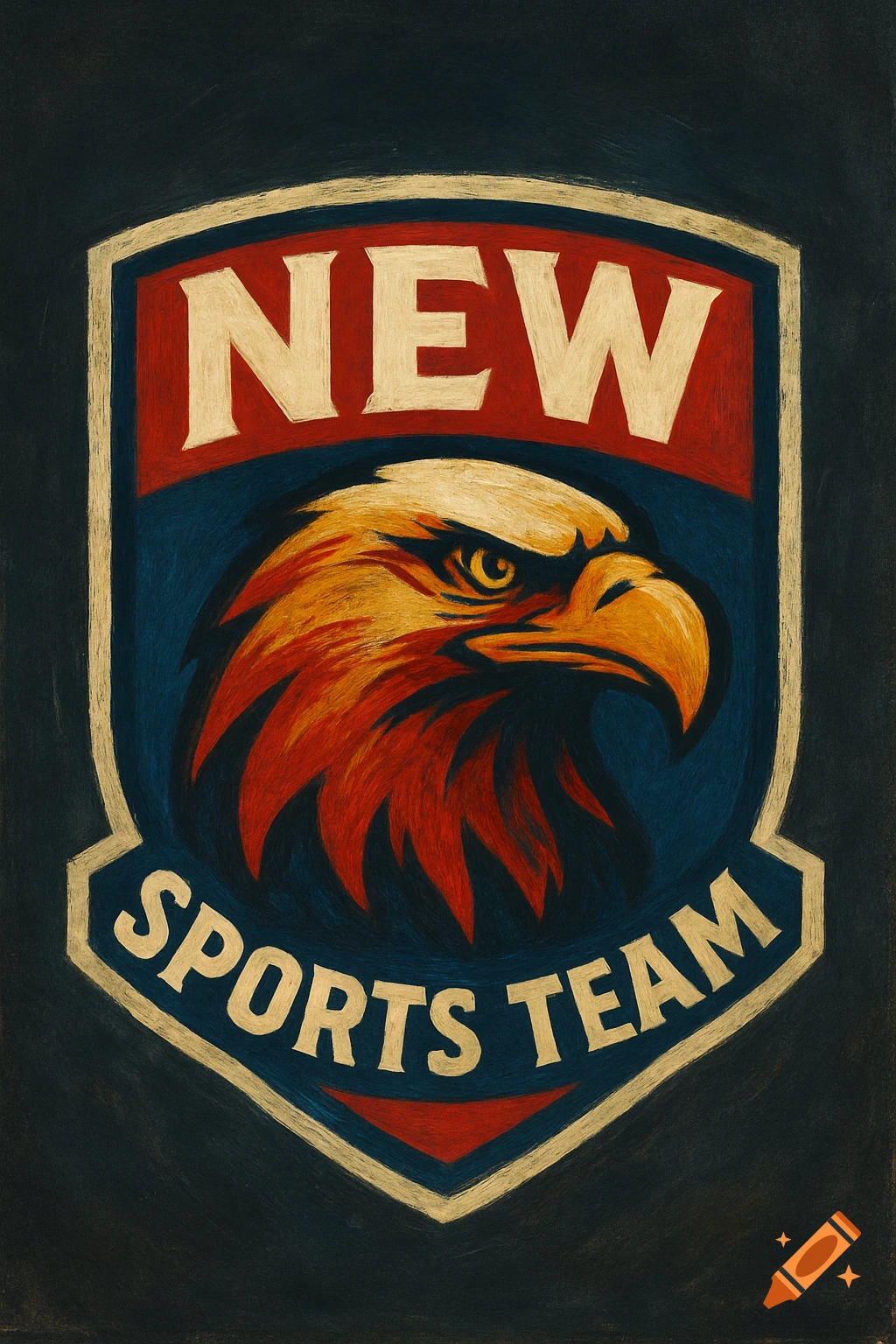 A stylized sports team logo featuring an eagle head in orange and red on a blue shield, with text 'NEW SPORTS TEAM' in a textured illustration style.