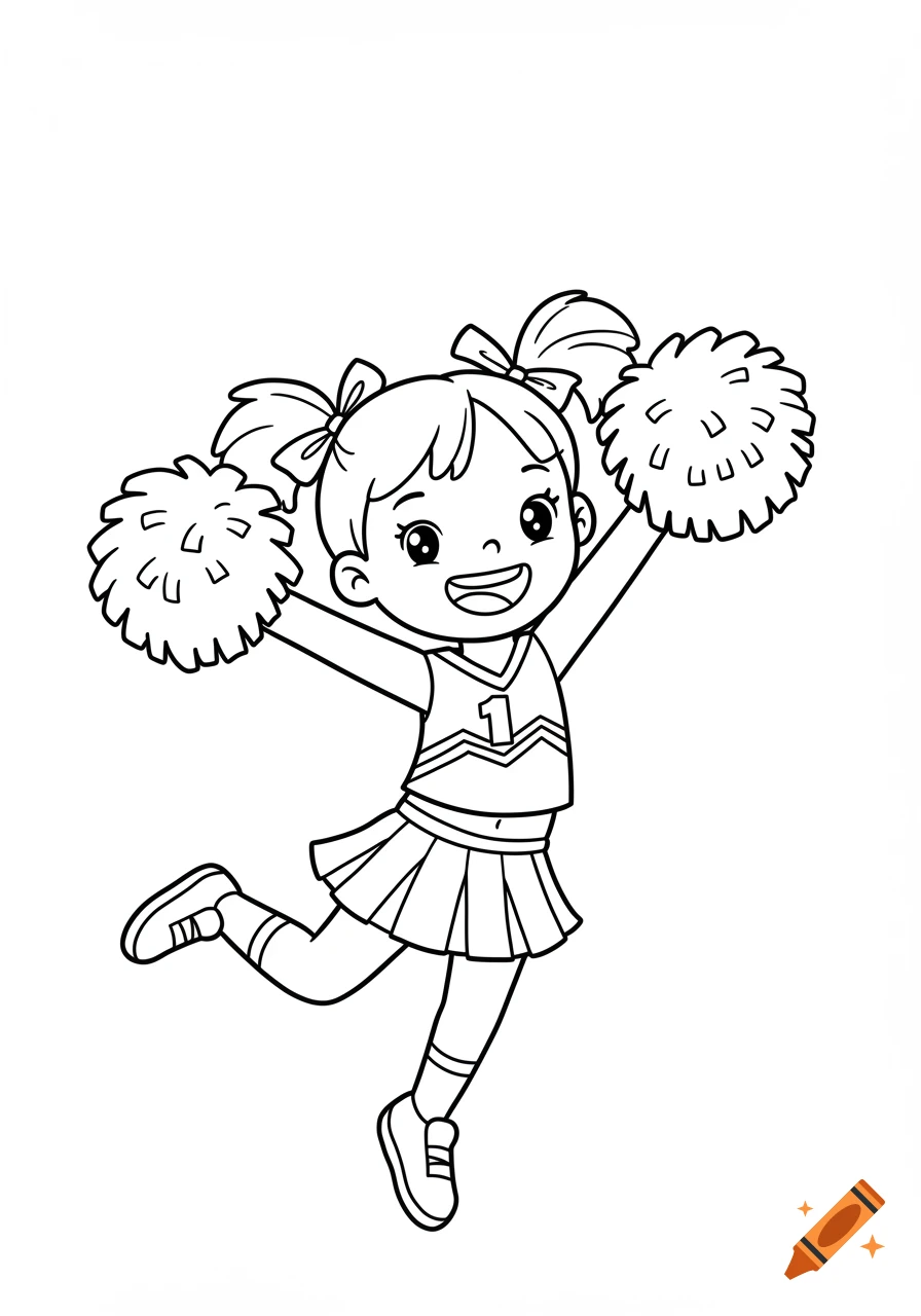 A cartoon outline drawing of a cheerful young cheerleader in uniform, holding pom-poms and jumping.