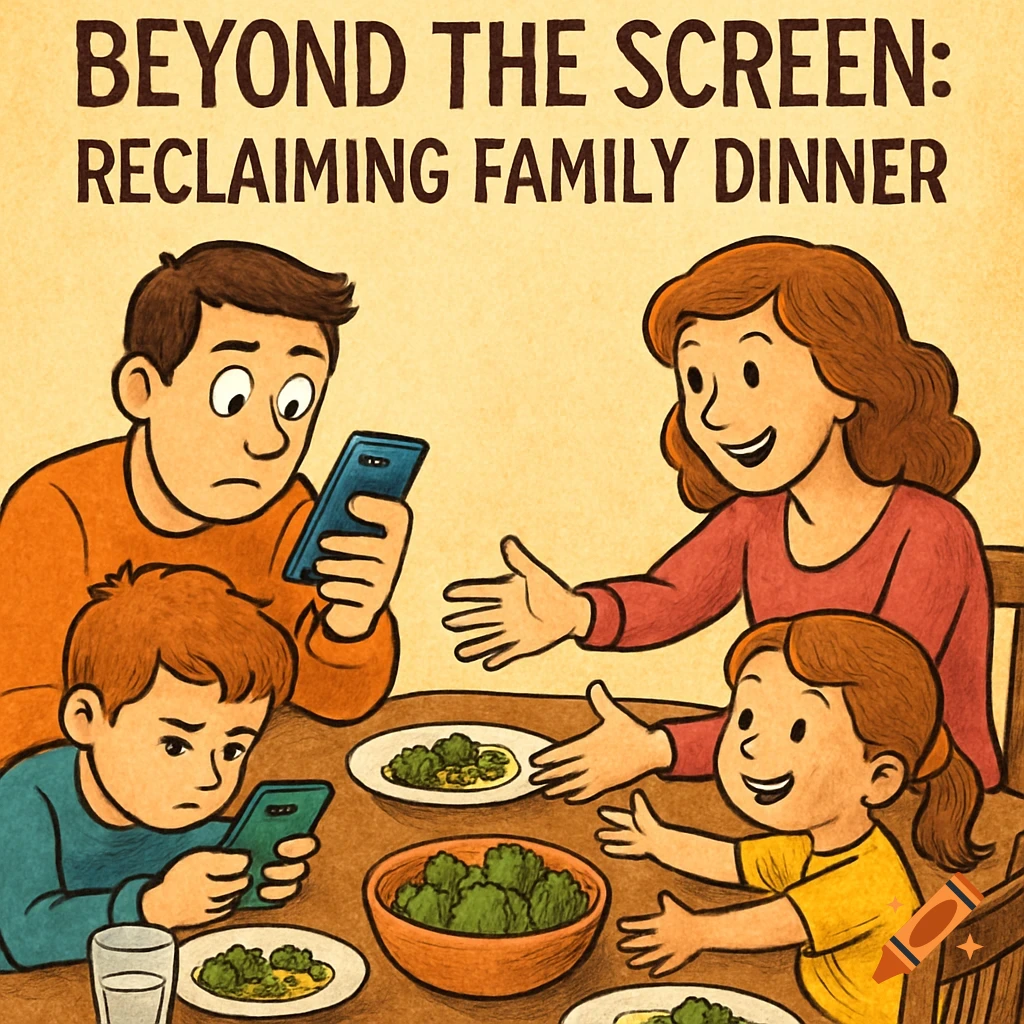 Cartoon illustration of a family at dinner, with father and son distracted by phones while mother and daughter try to engage. Text: Beyond the Screen: Reclaiming Family Dinner.