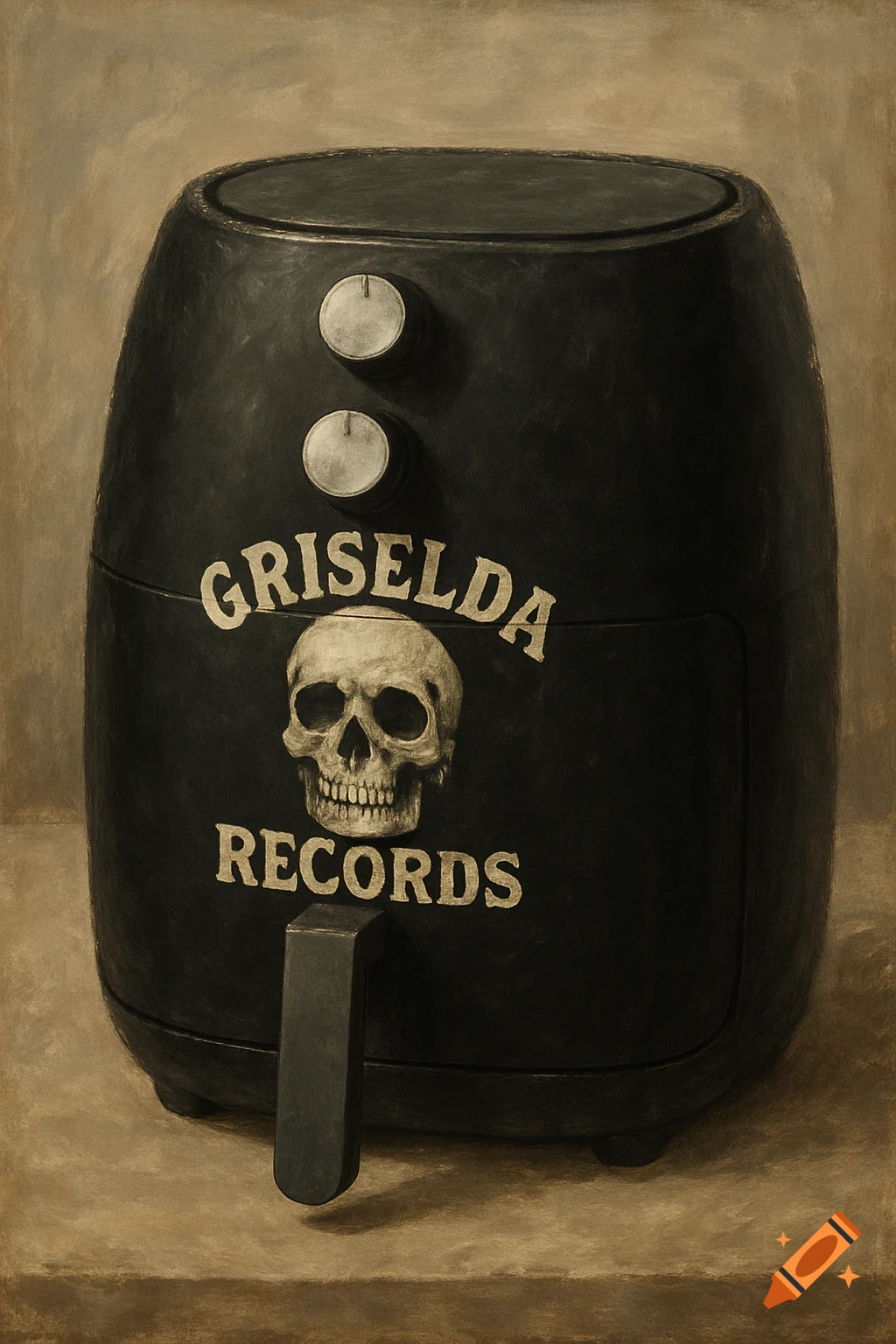 A dark, still-life painting of a black air fryer with the text 'GRISELDA RECORDS' and a skull logo on its front.