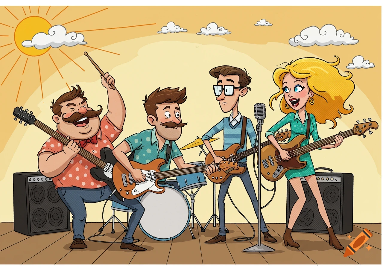 A vibrant cartoon illustration of a four-person band performing on a stage. It features a drummer, two guitarists, and a female singer playing a bass guitar.