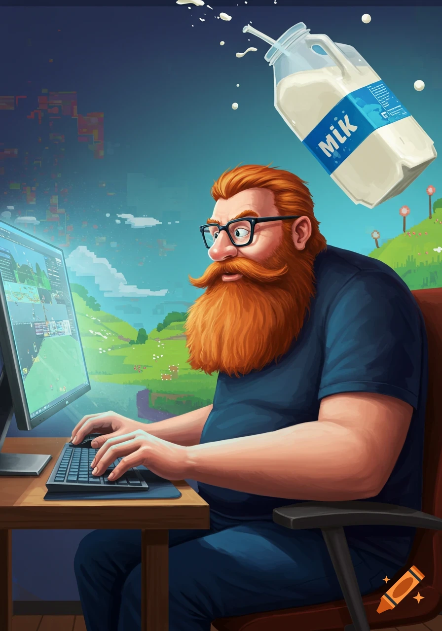 An illustrated man with a red beard and glasses plays a computer game as a carton of milk spills above him.
