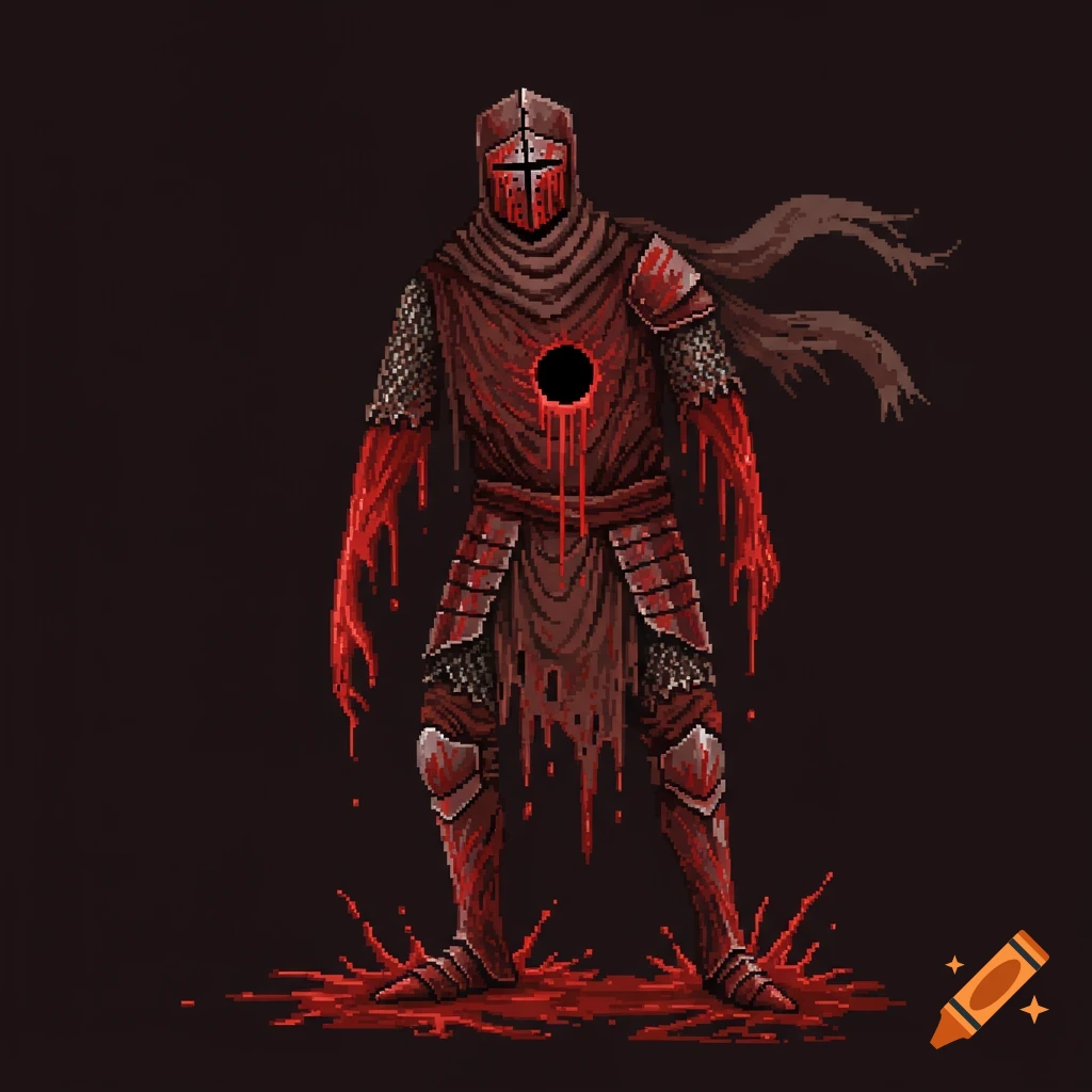 Pixelated art of a blood-soaked knight with a hole in his chest, dripping blood and standing menacingly.