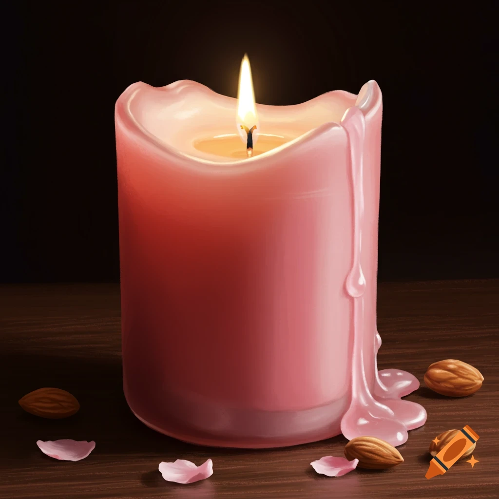 A lit pink candle with dripping wax on a dark wooden surface, surrounded by almonds and pink petals.