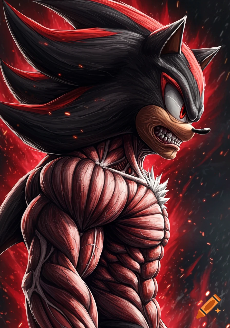 Side view anime portrait of Shadow the Hedgehog with grotesque, hyper-detailed muscles against a red and black aura.