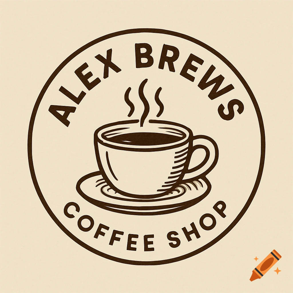 Circular logo for 'Alex Brews Coffee Shop' with a steaming coffee cup illustration in line art style.