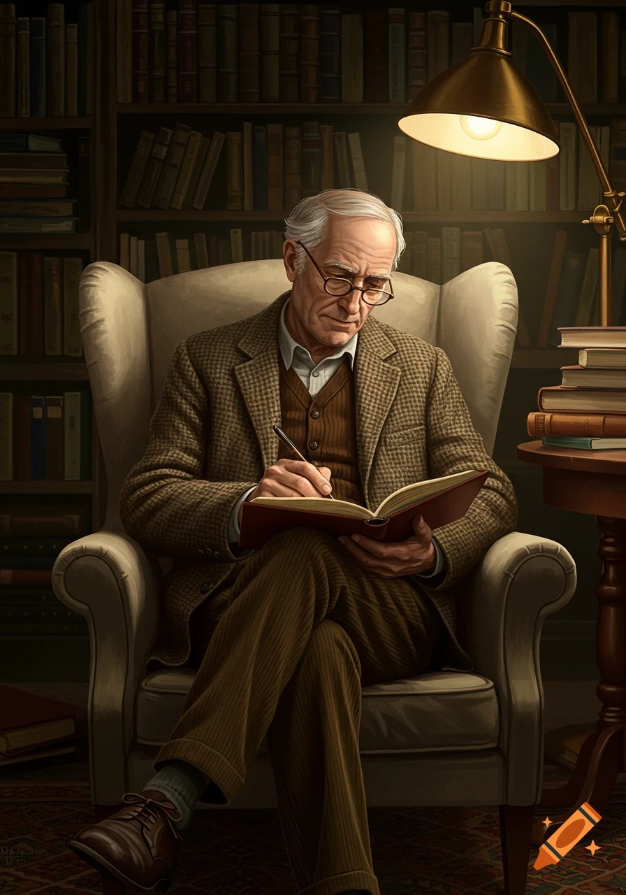 An old man with glasses sits in an armchair, writing in a journal under a lamp in a dimly lit library.