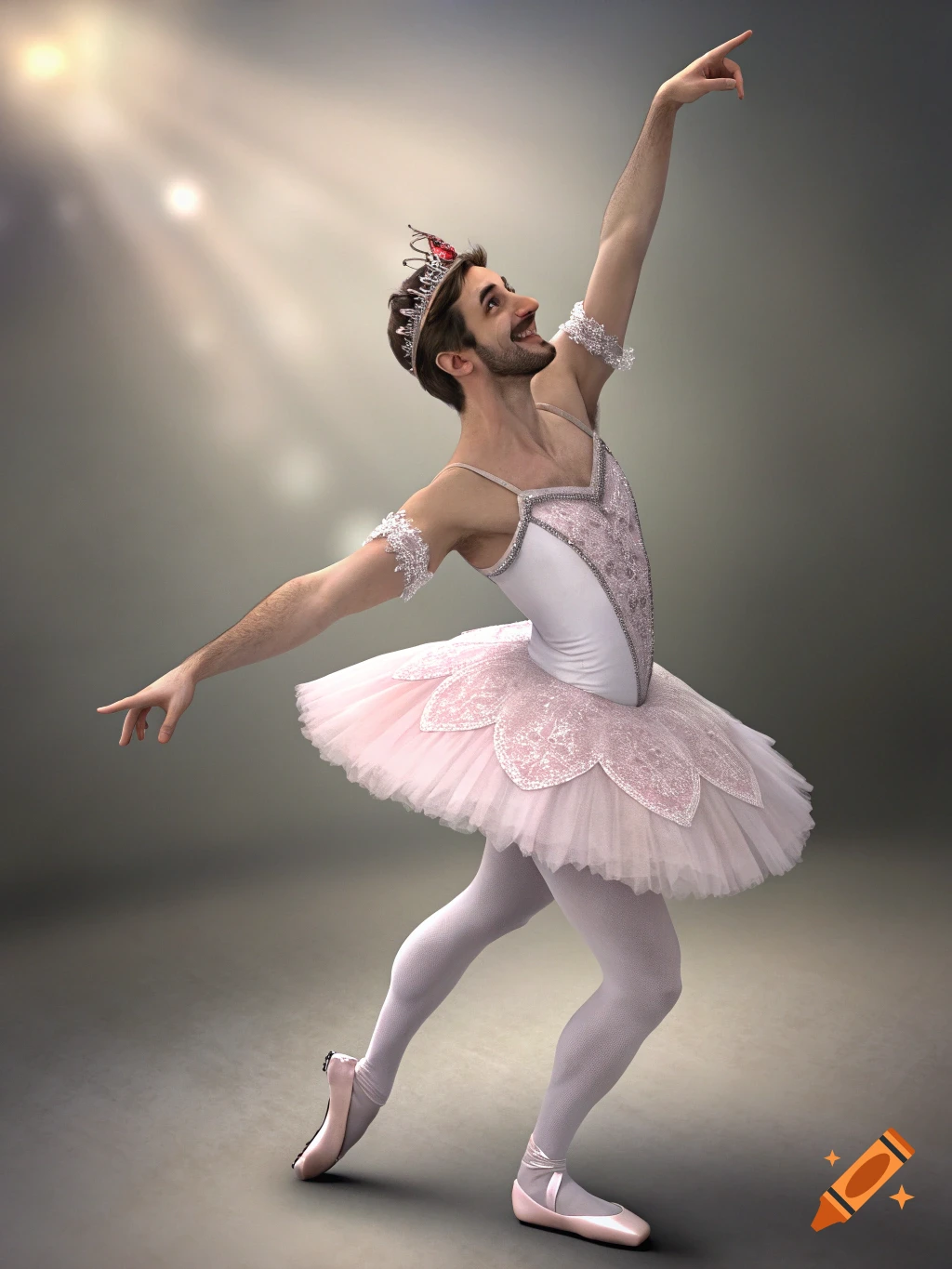 A man with a beard wearing a pink tutu, pointe shoes, and a crown performs a ballet pose under spotlights.