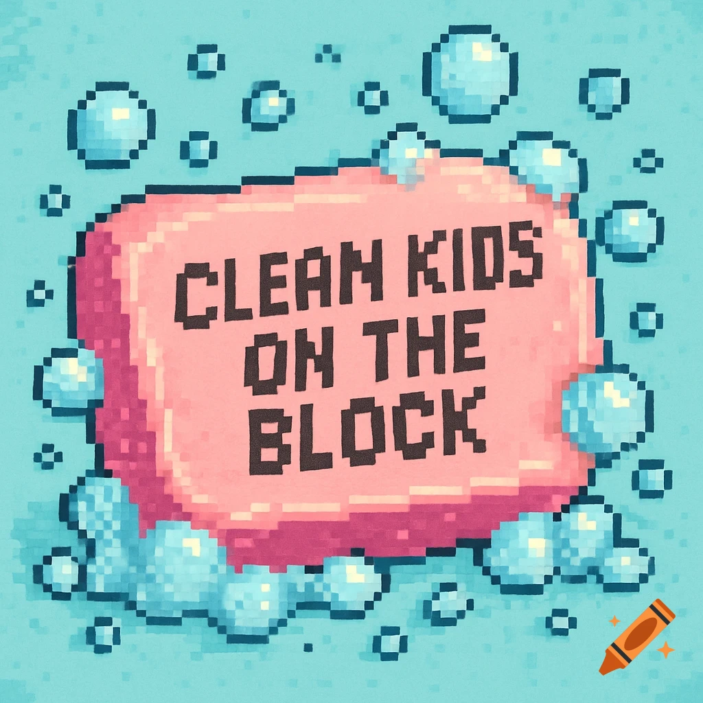 A pixel art image of a pink bar of soap with bubbles, featuring the text 'CLEAN KIDS ON THE BLOCK' in a retro 8-bit video game style.