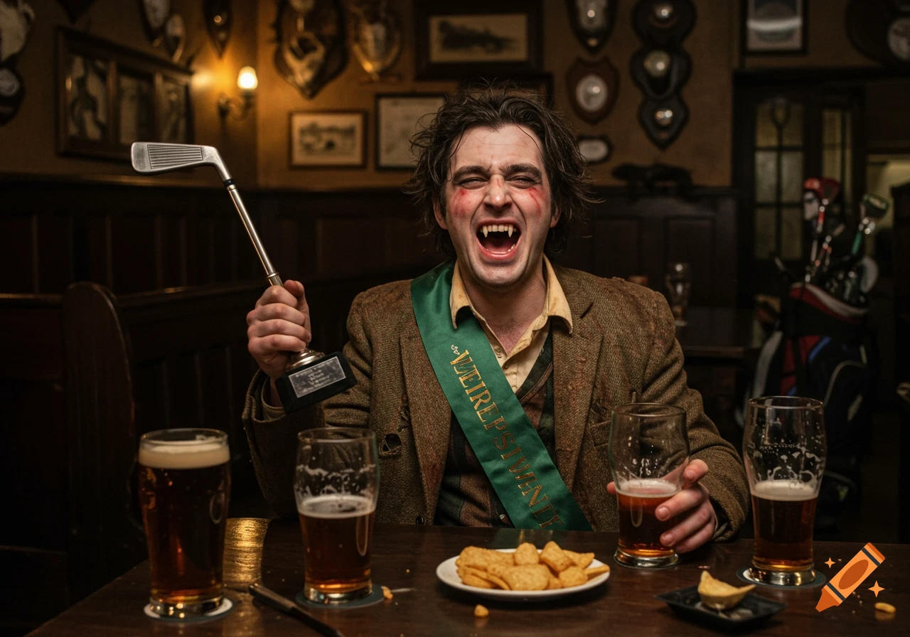 A man dressed as a vampire, with fangs and smeared blood, shouts excitedly in a pub, holding a golf club trophy. Beers and snacks are on the table.