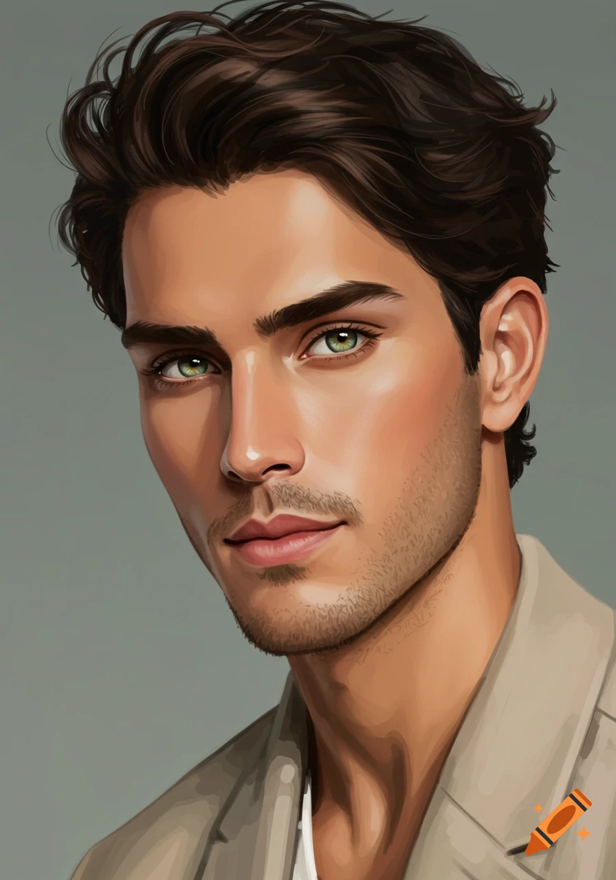 Close-up digital painting portrait of a young man with dark wavy hair, green eyes, and light stubble, wearing a beige jacket.