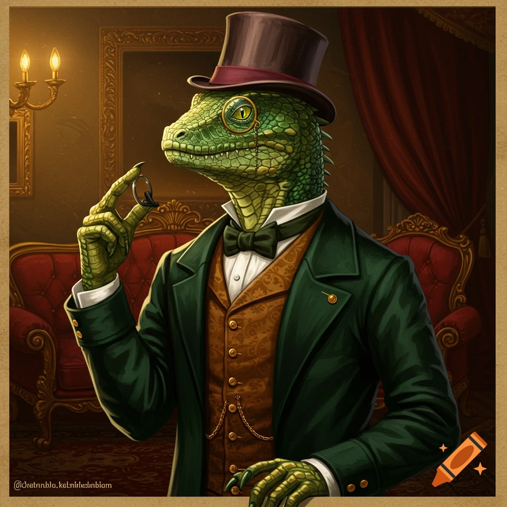 An anthropomorphic green lizard in a dark green Victorian suit, top hat, and monocle, holding a ring in a richly decorated room.