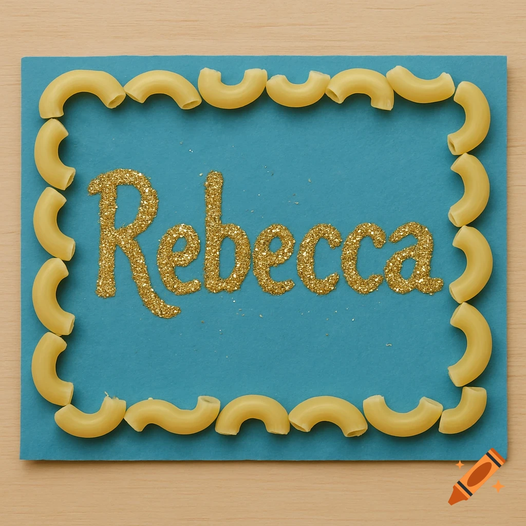 A blue construction paper sign with the name "Rebecca" written in gold glitter, surrounded by a border of elbow macaroni pasta, all on a wooden surface.